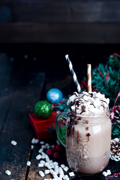 frapuccino with whipped cream and chocolate syrup