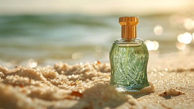 Frarance perfume bottle on beach mockup image