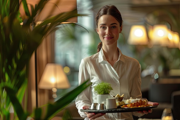 Frau beim Zimmerservice im Hotel