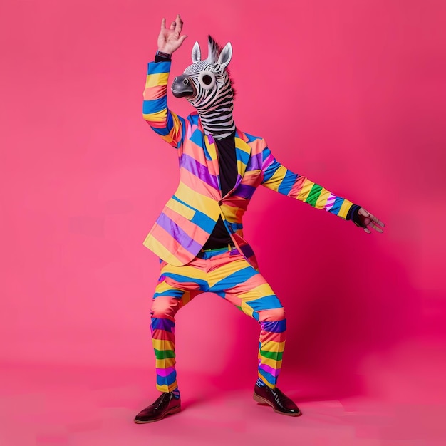 Photo freak in zebra mask dancing masquerade absurd carnival having fun in costume party weird mask head