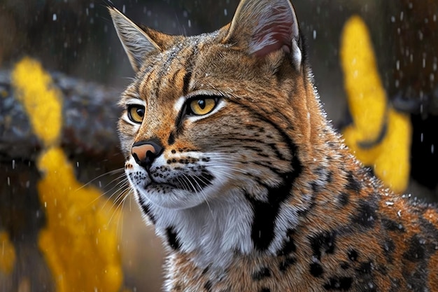 Freckled wildcat with long yellow throat and paws closeup bobcat generative ai