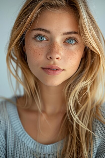 Photo freckled woman with blue eyes