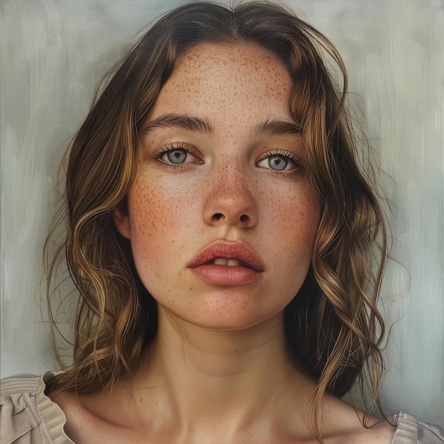 Photo freckled woman with wavy hair and serene expression in soft natural lighting