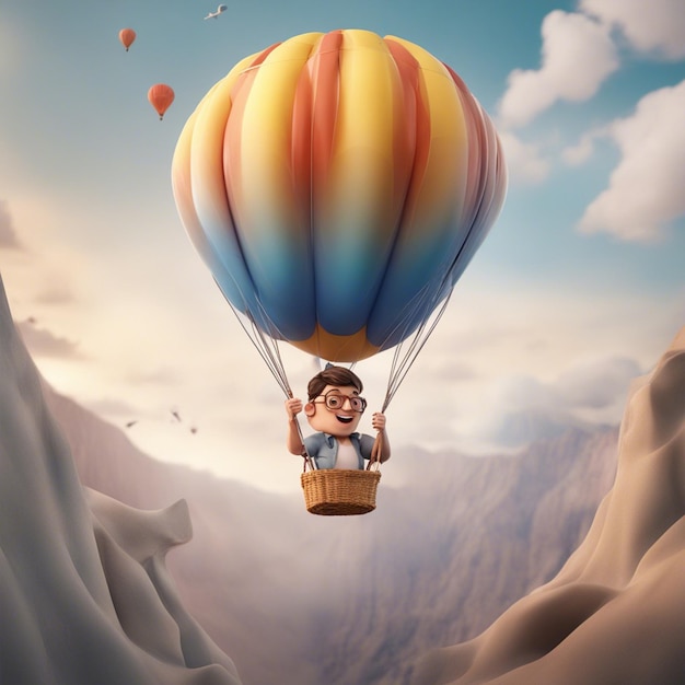 Free 3D illustration character young man in an air hot balloon rendering wallpaper