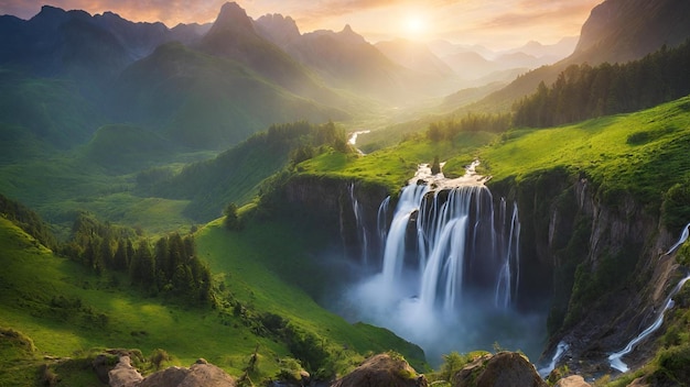 Free Desktop WallpaperBeautiful natural scenery of waterfalls and mountains at dawn version 2 1