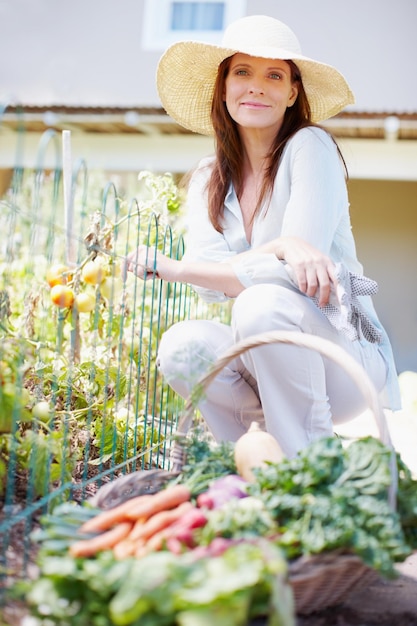 Free dinner with courtesy of the earth A beautiful woman crouches in her vegetable garden with a basket of freshly picked vegetables in front of her