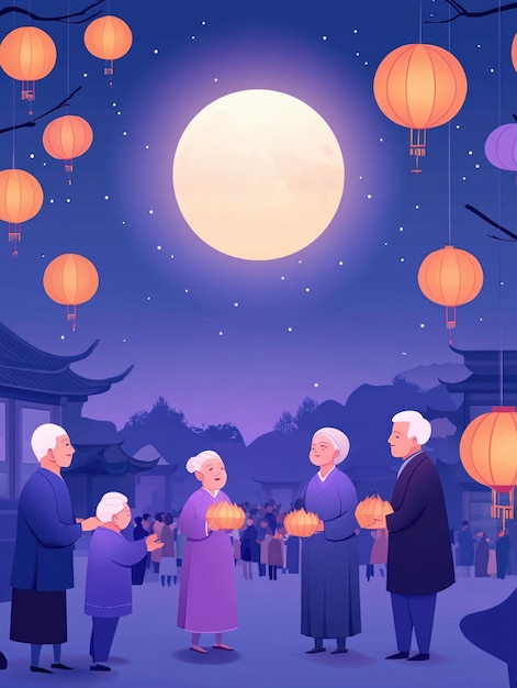 Photo free drawing of people celebrate midautumn festival full moon night