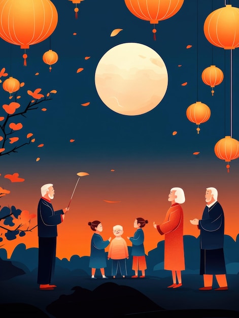 Photo free drawing of people celebrate midautumn festival full moon night