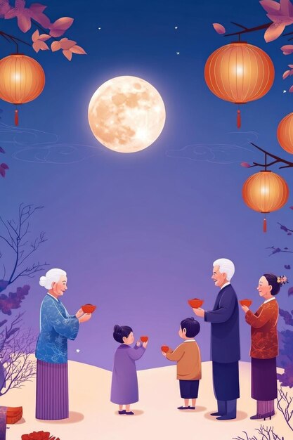 Photo free drawing of people celebrate midautumn festival full moon night