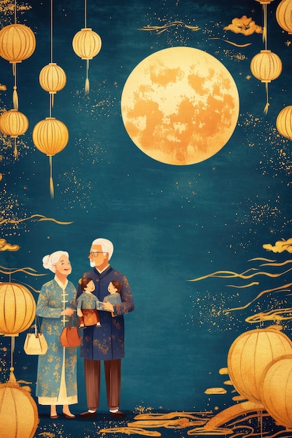 Photo free drawing of people celebrate midautumn festival full moon night