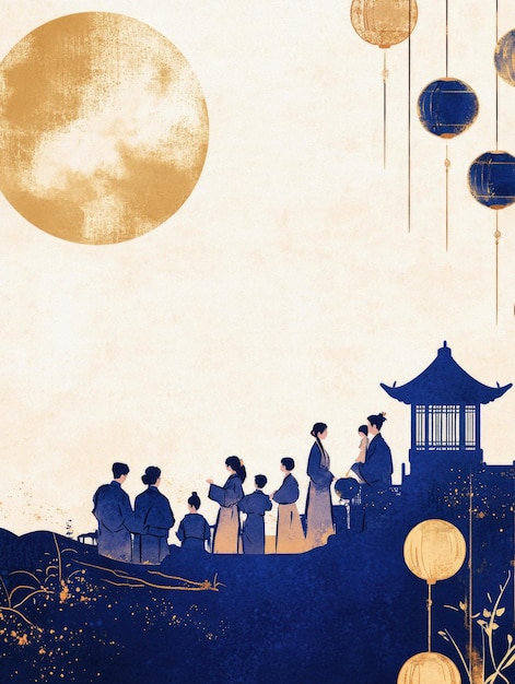 Photo free drawing of people celebrate midautumn festival full moon night