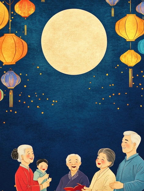 Photo free drawing of people celebrate midautumn festival full moon night