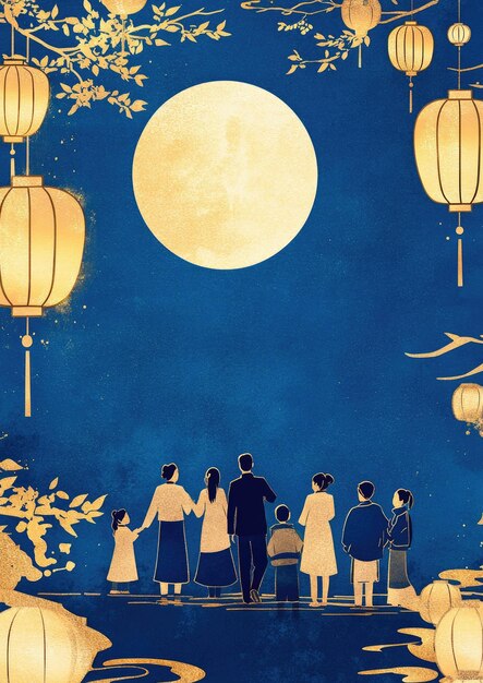 Photo free drawing of people celebrate midautumn festival full moon night