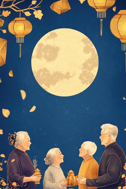 Photo free drawing of people celebrate midautumn festival full moon night