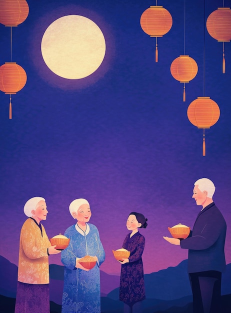 Photo free drawing of people celebrate midautumn festival full moon night