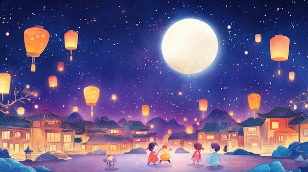 Free drawing of people celebrate MidAutumn Festival Full Moon night