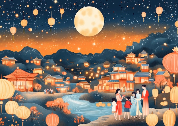 Free drawing of people celebrate MidAutumn Festival Full Moon night