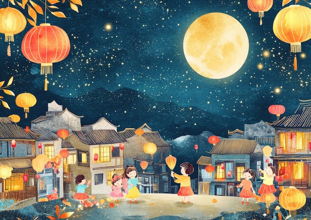 Free drawing of people celebrate MidAutumn Festival Full Moon night