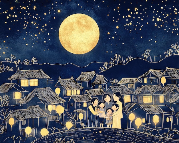 Free drawing of people celebrate MidAutumn Festival Full Moon night