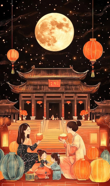 Free drawing of people celebrate MidAutumn Festival Full Moon night