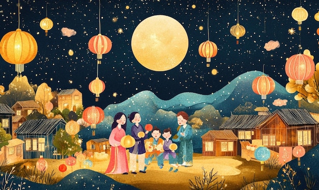 Free drawing of people celebrate MidAutumn Festival Full Moon night