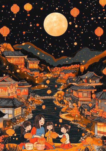 Free drawing of people celebrate MidAutumn Festival Full Moon night