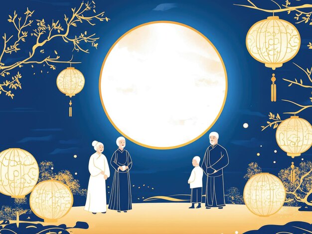 Free drawing of people celebrate MidAutumn Festival Full Moon night