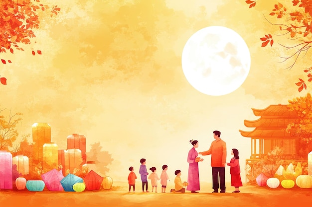 Free drawing of people celebrate MidAutumn Festival Full Moon night