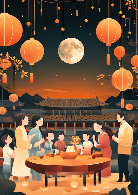 Free drawing of people celebrate MidAutumn Festival Full Moon night