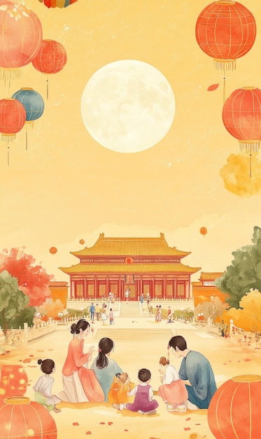 Free drawing of people celebrate MidAutumn Festival Full Moon night