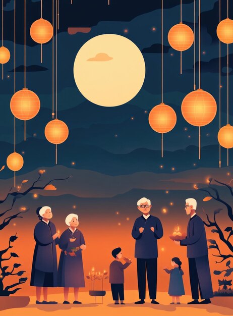 Free drawing of people celebrate MidAutumn Festival Full Moon night