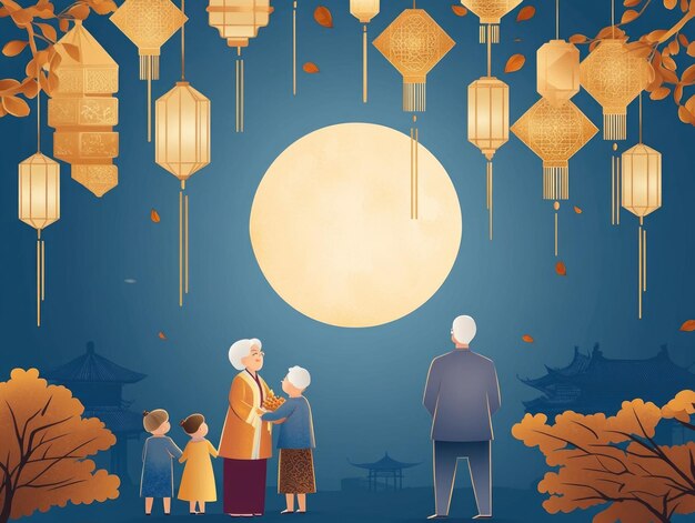 Photo free drawing of people celebrate midautumn festival full moon night