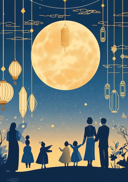 Photo free drawing of people celebrate midautumn festival full moon night