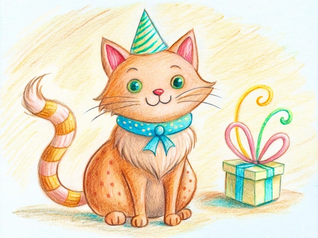 Free hand drawn illustration Cute cat in Happy Birthday