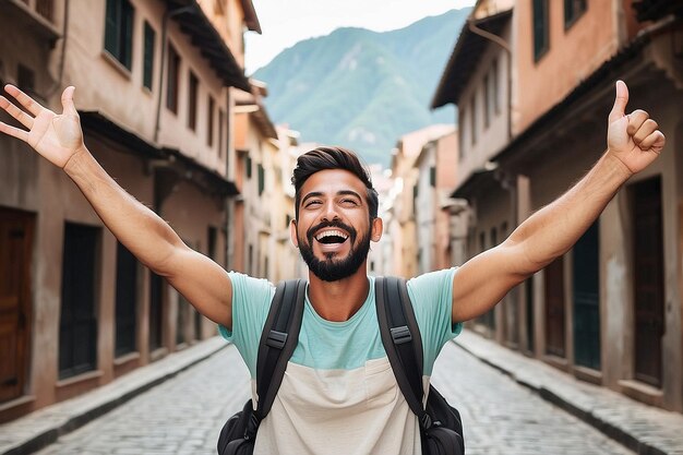 Photo free happy male traveler with arms raised