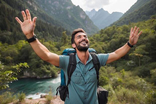 Free Happy Male Traveler with Arms Raised