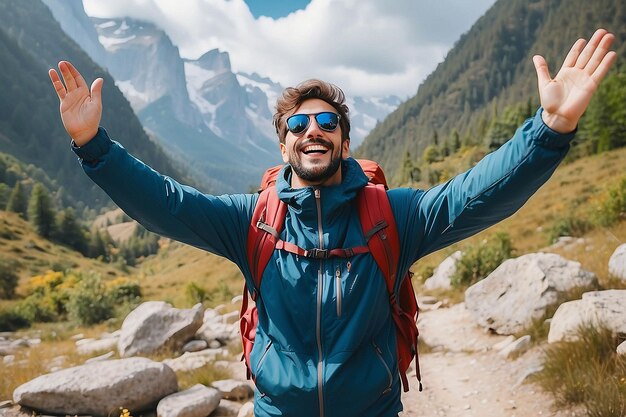 Free Happy Male Traveler with Arms Raised