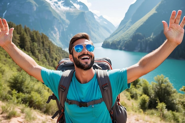 Free Happy Male Traveler with Arms Raised