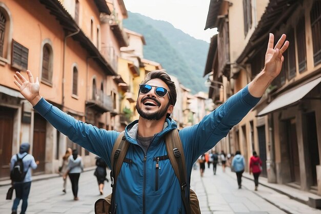 Photo free happy male traveler with arms raised