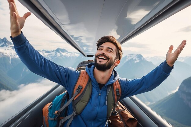 Photo free happy male traveler with arms raised