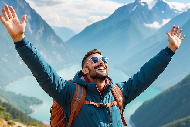 Free Happy Male Traveler with Arms Raised