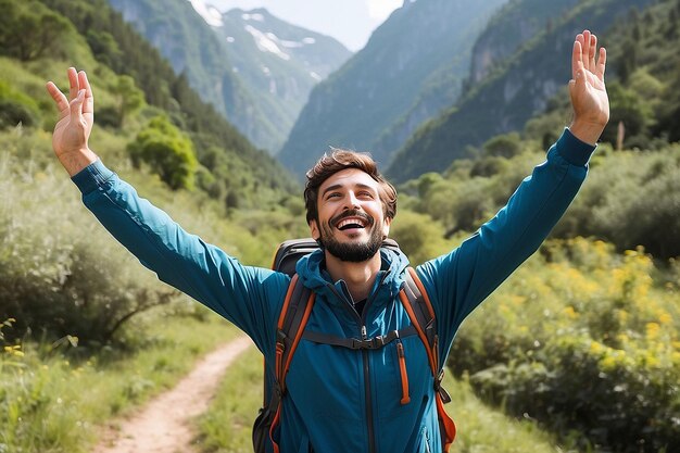 Free Happy Male Traveler with Arms Raised