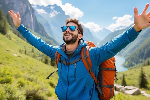 Free Happy Male Traveler with Arms Raised