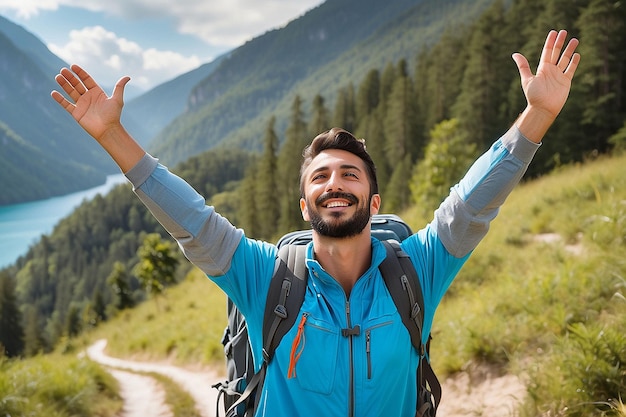 Free Happy Male Traveler with Arms Raised