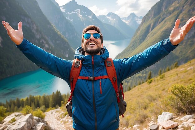 Free Happy Male Traveler with Arms Raised