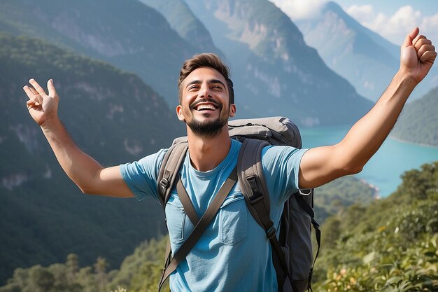 Free Happy Male Traveler with Arms Raised