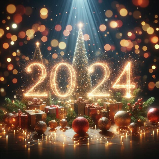 Free Happy New Year Background Within Bokeh Light And 2024 Text Effect Background