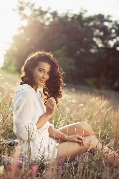 Free Happy Woman Enjoying Nature. Beauty Girl Outdoor. Freedom concept.