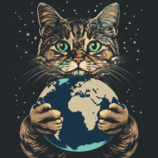 free illustration cat holding a globe