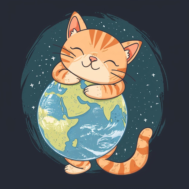 free illustration cat hug a globe